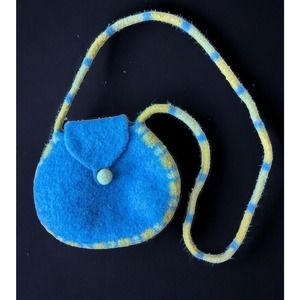 Vtg Felted Boiled Wool Crossbody Purse Bag Blue Green Round Boho Hippy saddle